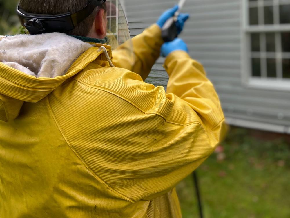 A pressure washer cleaning house siding